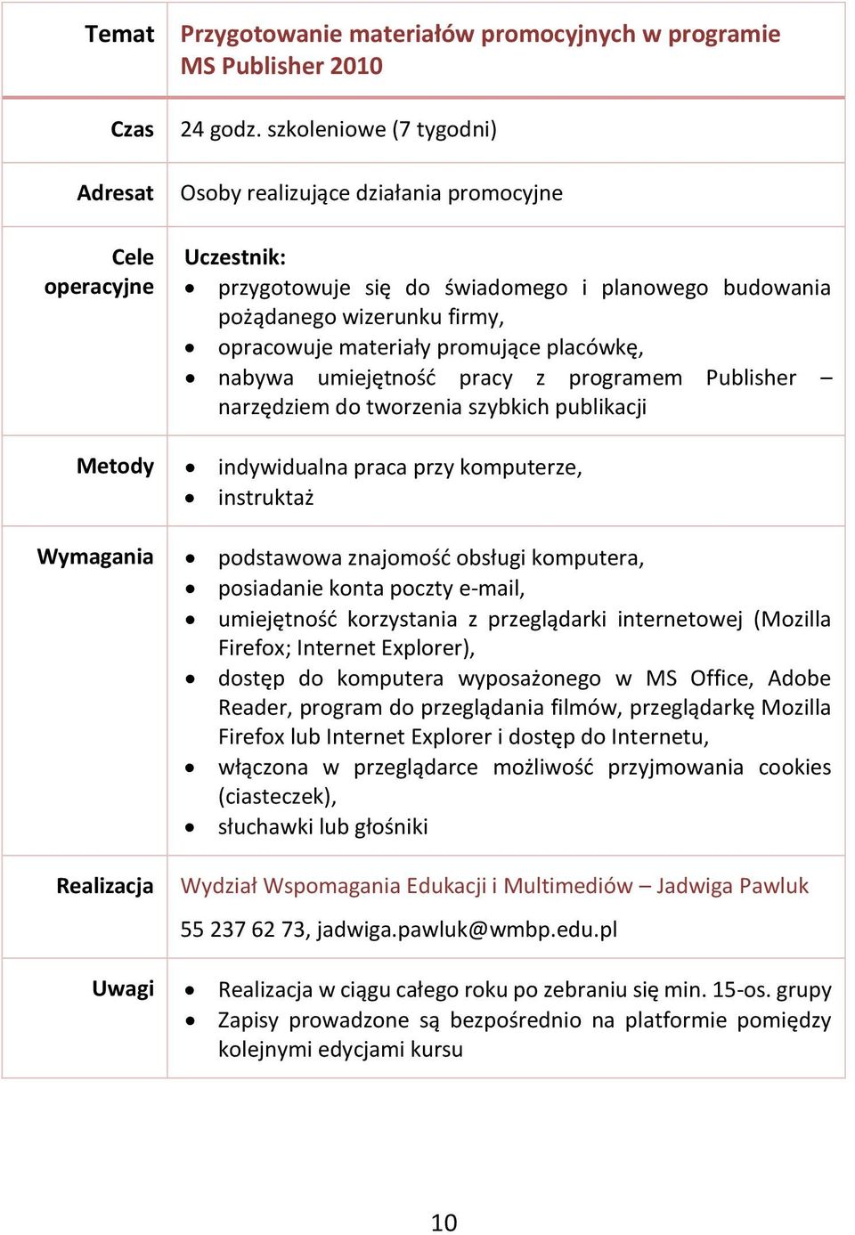 materiały promujące placówkę, nabywa umiejętność pracy z programem Publisher narzędziem do tworzenia szybkich publikacji dostęp do komputera wyposażonego