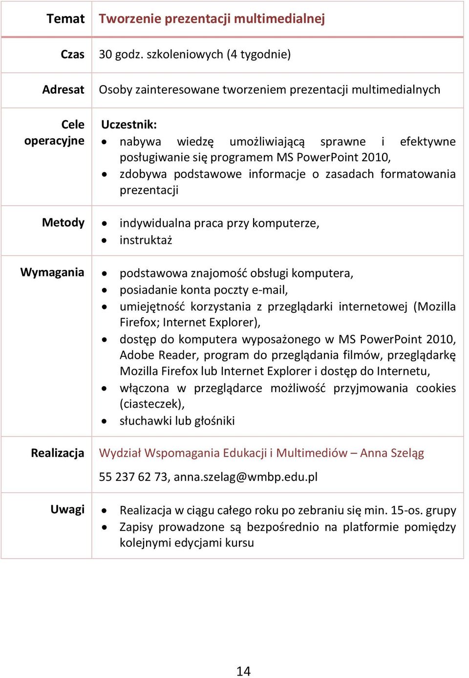 posługiwanie się programem MS PowerPoint 2010, zdobywa podstawowe informacje o zasadach formatowania prezentacji dostęp do komputera