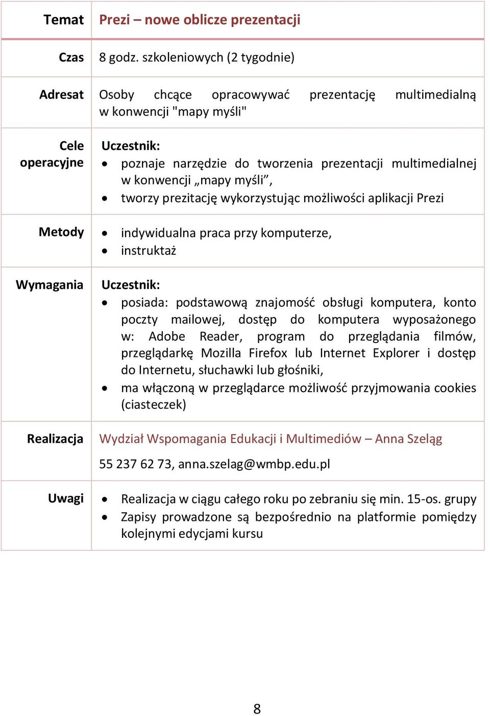 mapy myśli, tworzy prezitację wykorzystując możliwości aplikacji Prezi posiada: podstawową znajomość obsługi komputera, konto poczty mailowej, dostęp do komputera