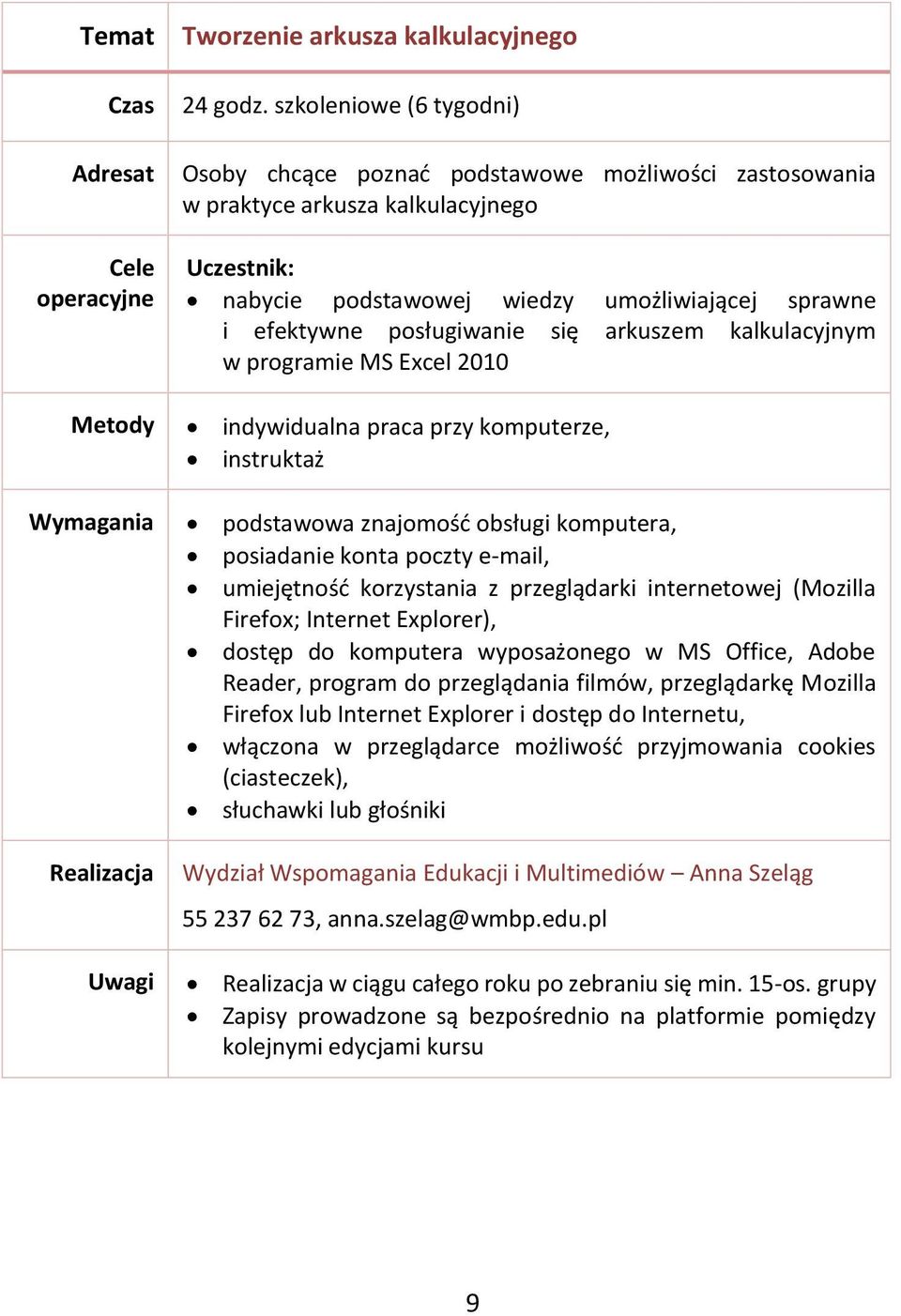 wiedzy umożliwiającej sprawne i efektywne posługiwanie się arkuszem kalkulacyjnym w programie MS Excel 2010 dostęp do komputera