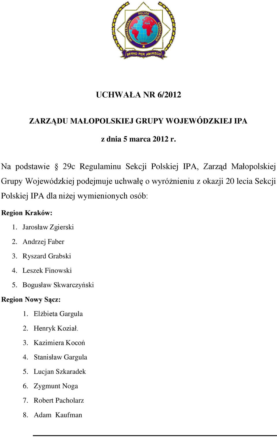 Sekcji Polskiej IPA dla niżej wymienionych osób: Region Kraków: 1. Jarosław Zgierski 2. Andrzej Faber 3. Ryszard Grabski 4.