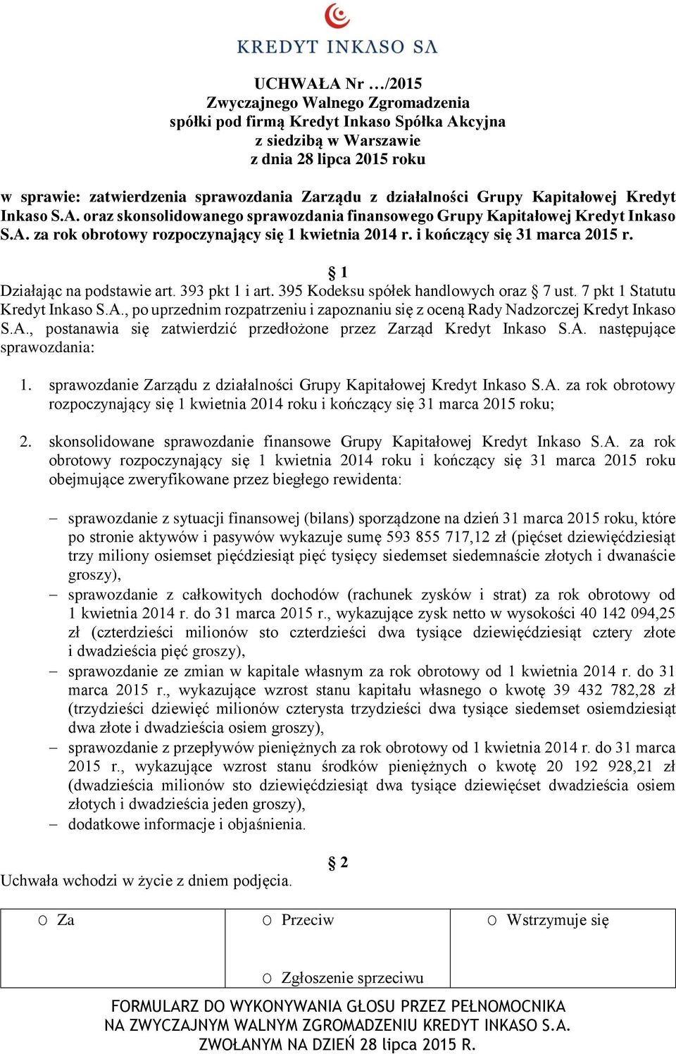 , po uprzednim rozpatrzeniu i zapoznaniu się z oceną Rady Nadzorczej Kredyt Inkaso S.A., postanawia się zatwierdzić przedłożone przez Zarząd Kredyt Inkaso S.A. następujące sprawozdania: 1.