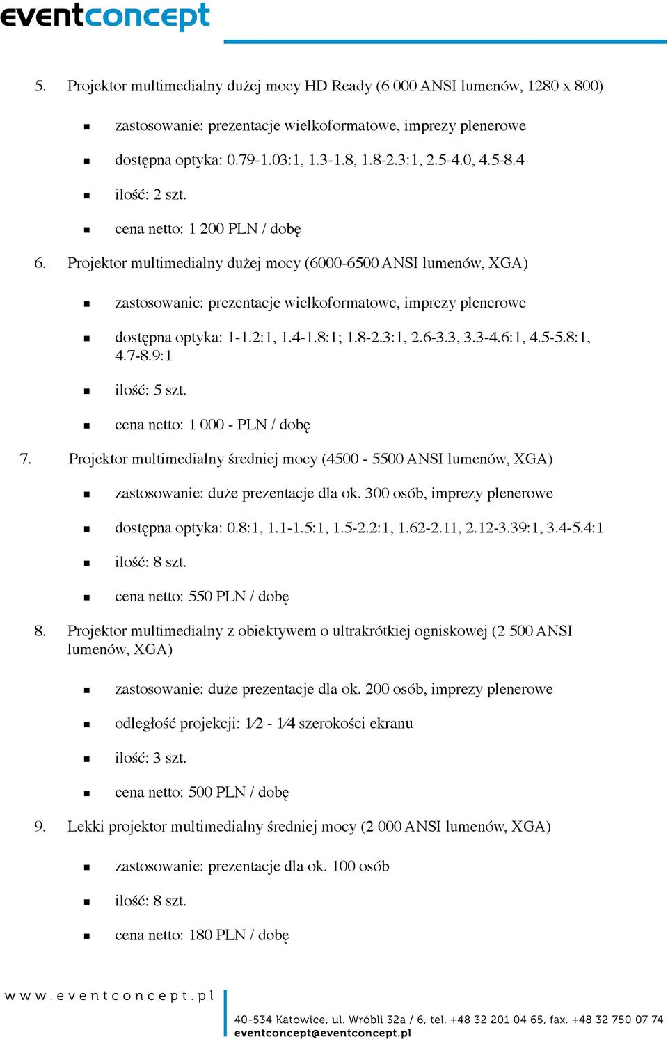 4-1.8:1; 1.8-2.3:1, 2.6-3.3, 3.3-4.6:1, 4.5-5.8:1, 4.7-8.9:1 ilość: 5 szt. cena netto: 1 000 - PLN / dobę 7.