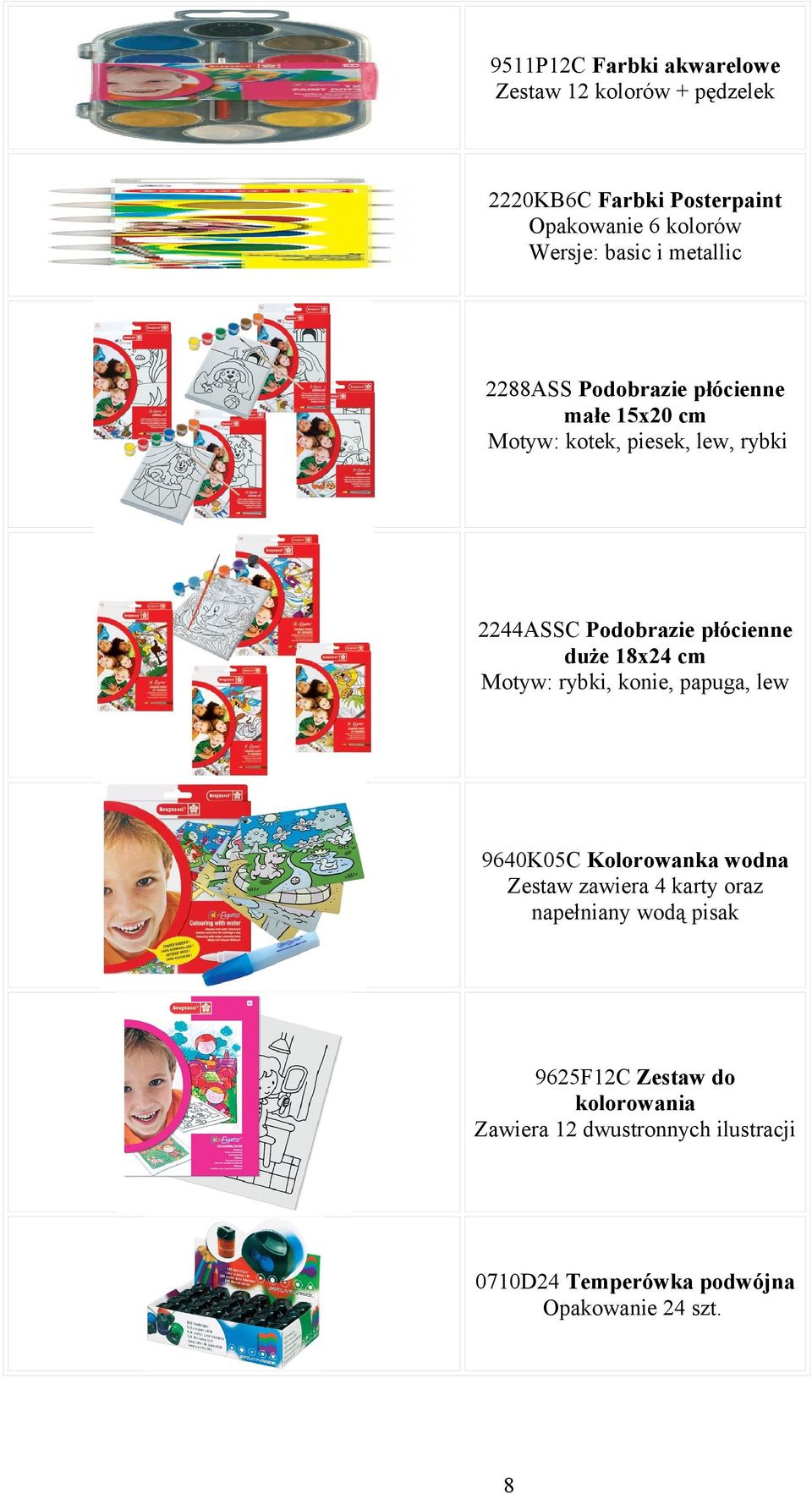 duże 18x24 cm Motyw: rybki, konie, papuga, lew 9640K05C Kolorowanka wodna Zestaw zawiera 4 karty oraz napełniany wodą