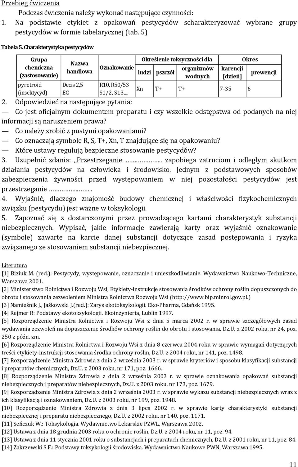 .. Określenie toksyczności dla ludzi pszczół organizmów wodnych karencji [dzień] Okres Xn T+ T+ 7 35 6 prewencji 2.