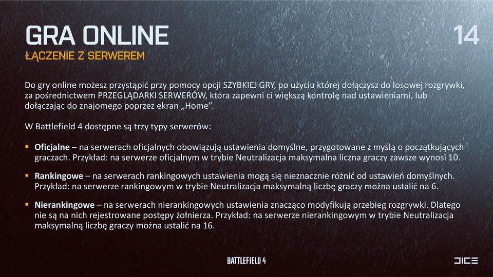 W Battlefield 4 dostępne są trzy typy serwerów: Oficjalne na serwerach oficjalnych obowiązują ustawienia domyślne, przygotowane z myślą o początkujących graczach.