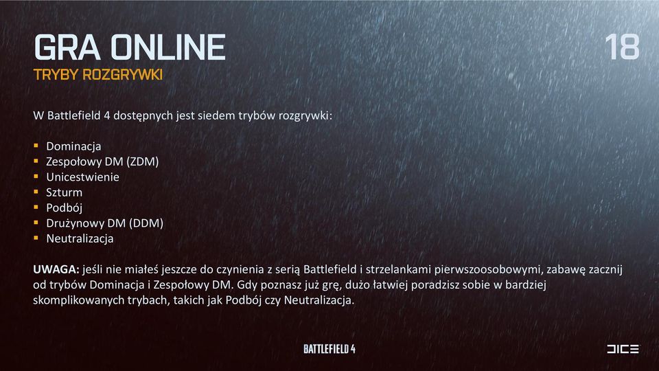 serią Battlefield i strzelankami pierwszoosobowymi, zabawę zacznij od trybów Dominacja i Zespołowy DM.