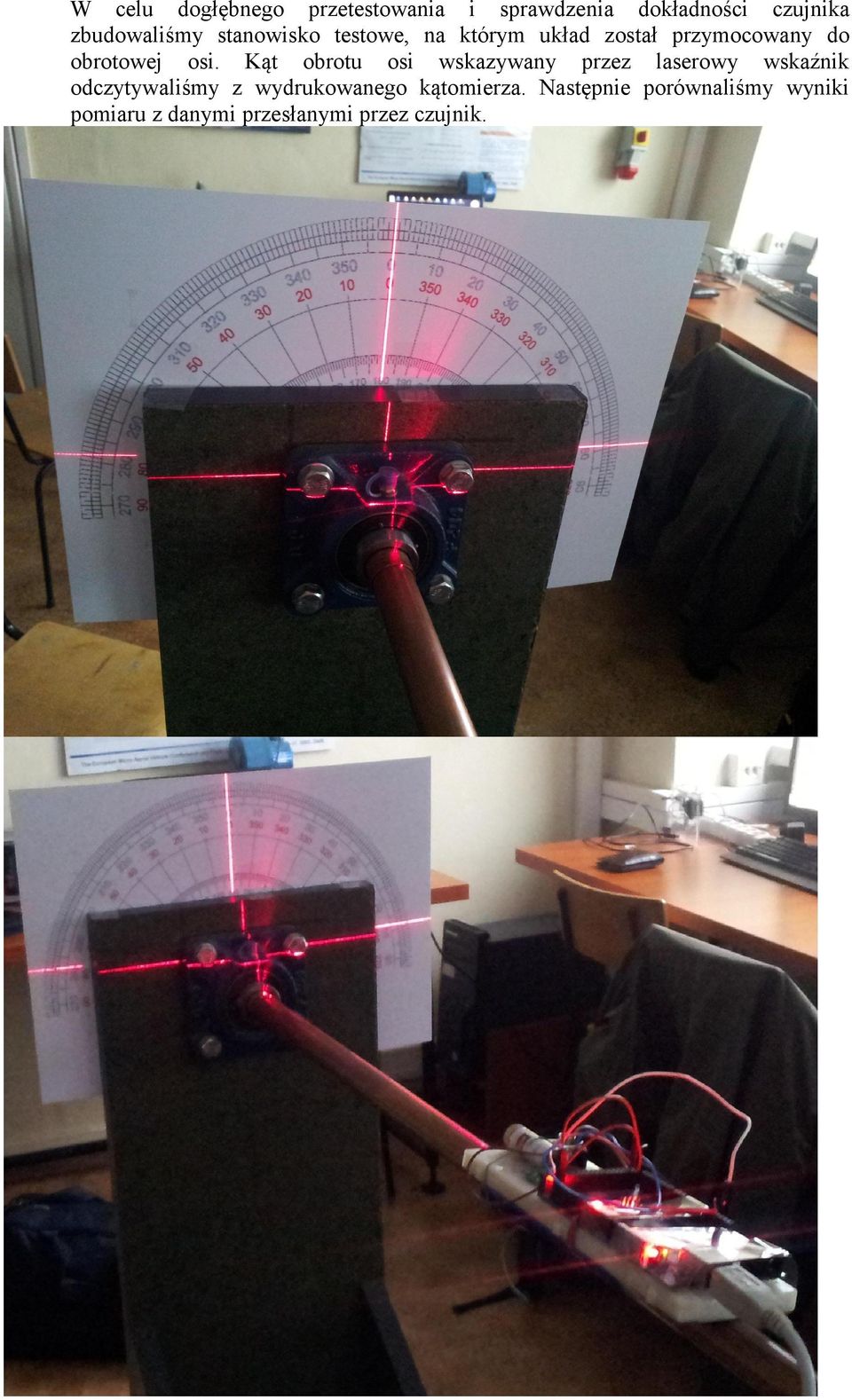 Kąt obrotu osi wskazywany przez laserowy wskaźnik odczytywaliśmy z wydrukowanego