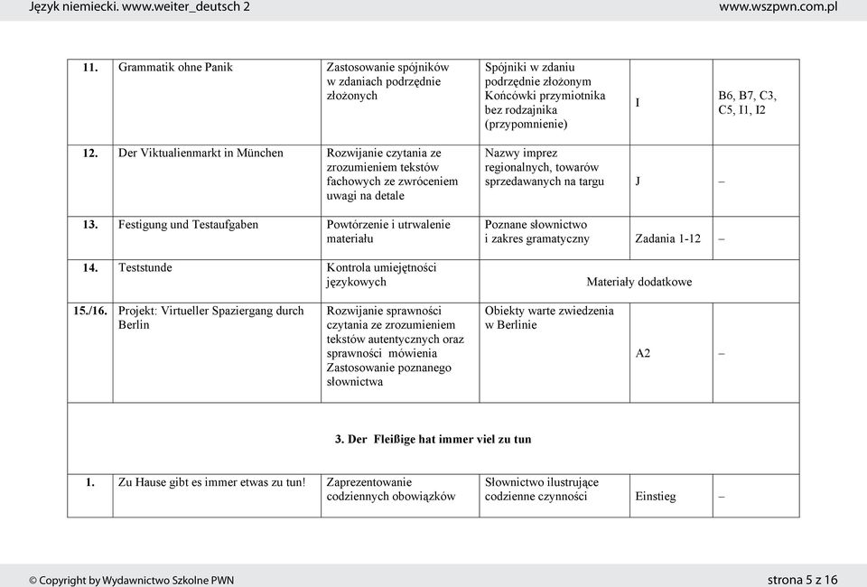 Teststunde Kontrola umiej tno ci j zykowych Nazwy imprez regionalnych, towarów sprzedawanych na targu J Poznane s ownictwo i zakres gramatyczny Zadania 1-12 Materia y dodatkowe 15./16.