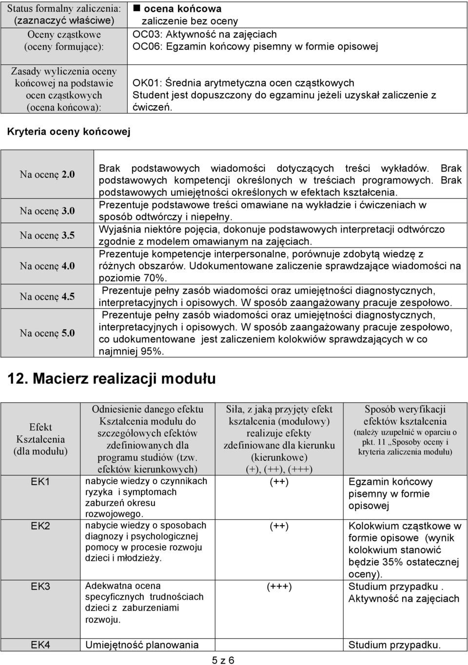 Kryteria oceny końcowej Na ocenę 2.0 Na ocenę 3.0 Na ocenę 3.5 Na ocenę 4.0 Na ocenę 4.5 Na ocenę 5.0 Brak podstawowych wiadomości dotyczących treści wykładów.