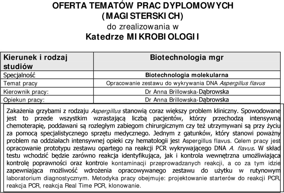 Celem pracy jest opracowanie prototypu zestawu opartego na reakcji PCR wykrywającego DNA A. flavus.