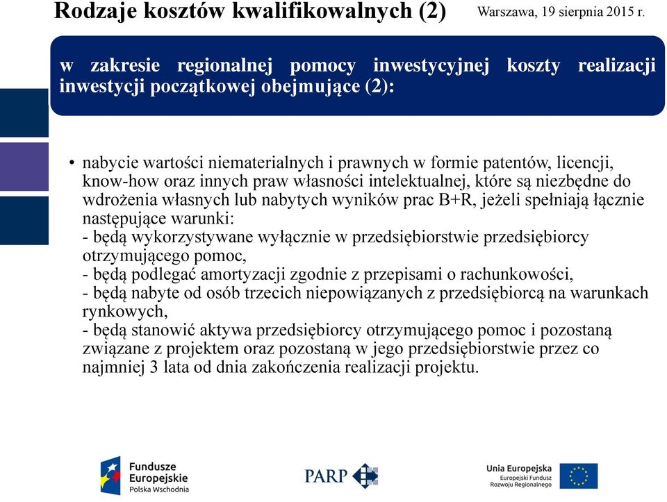 wykorzystywane wyłącznie w przedsiębiorstwie przedsiębiorcy otrzymującego pomoc, - będą podlegać amortyzacji zgodnie z przepisami o rachunkowości, - będą nabyte od osób trzecich niepowiązanych z