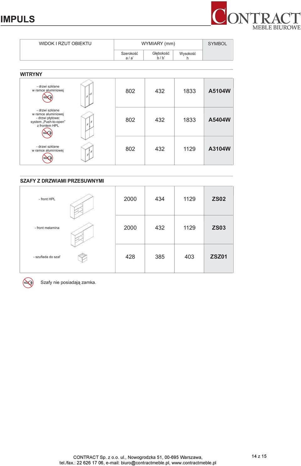 PRZESUWNYMI - front HPL 2000 434 1129 ZS02 - front melamina 2000 432 1129 ZS03 - szuflada do szaf 428 385 403 ZSZ01 Szafy nie posiadają