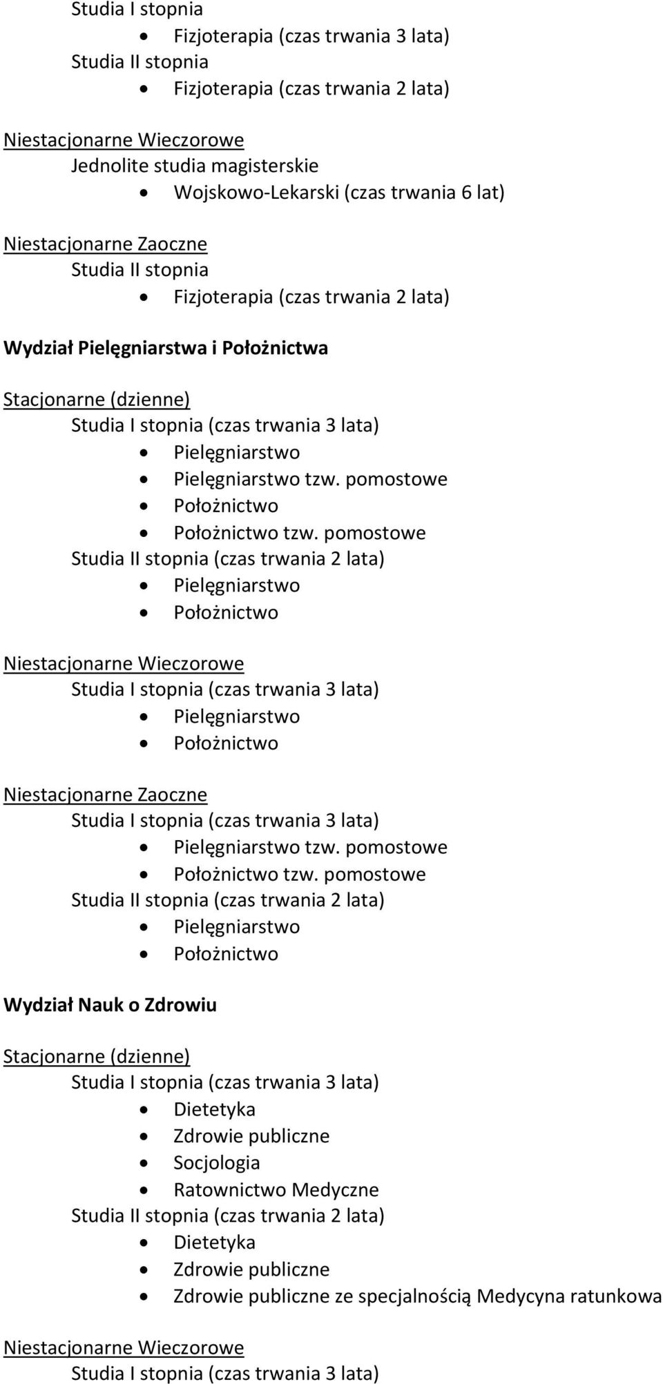 pomostowe Studia II stopnia (czas trwania 2 lata) Pielęgniarstwo Położnictwo Pielęgniarstwo Położnictwo Niestacjonarne Zaoczne Pielęgniarstwo tzw. pomostowe Położnictwo tzw.