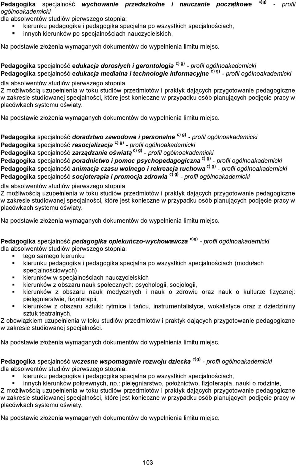 g) Pedagogika specjalność resocjalizacja c) g) Pedagogika specjalność zarządzanie oświatą c) g) Pedagogika specjalność poradnictwo i pomoc psychopedagogiczna c) g) Pedagogika specjalność animacja