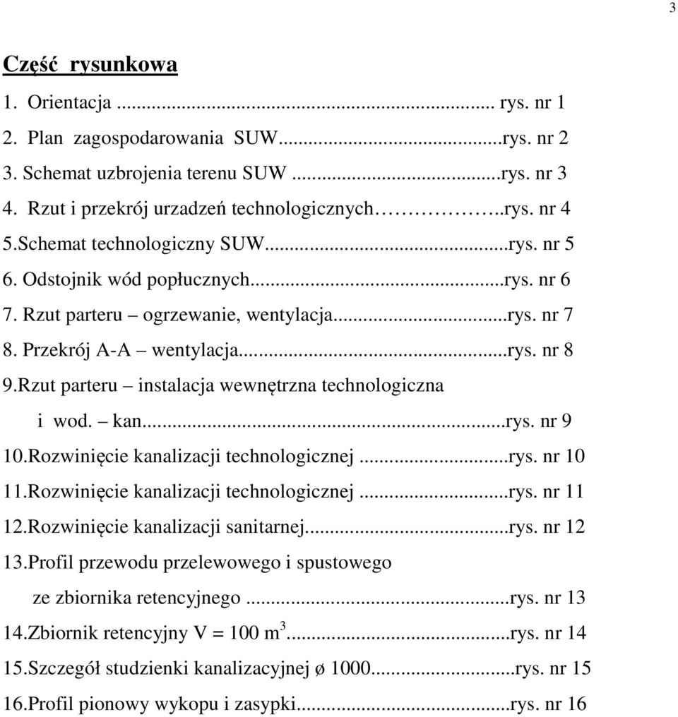 Rzut parteru instalacja wewnętrzna technologiczna i wod. kan...rys. nr 9 10.Rozwinięcie kanalizacji technologicznej...rys. nr 10 11.Rozwinięcie kanalizacji technologicznej...rys. nr 11 12.