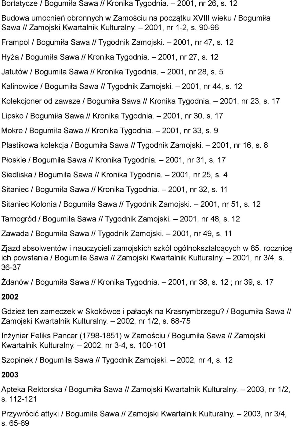 5 Kalinowice / Bogumiła Sawa // Tygodnik Zamojski. 2001, nr 44, s. 12 Kolekcjoner od zawsze / Bogumiła Sawa // Kronika Tygodnia. 2001, nr 23, s. 17 Lipsko / Bogumiła Sawa // Kronika Tygodnia.