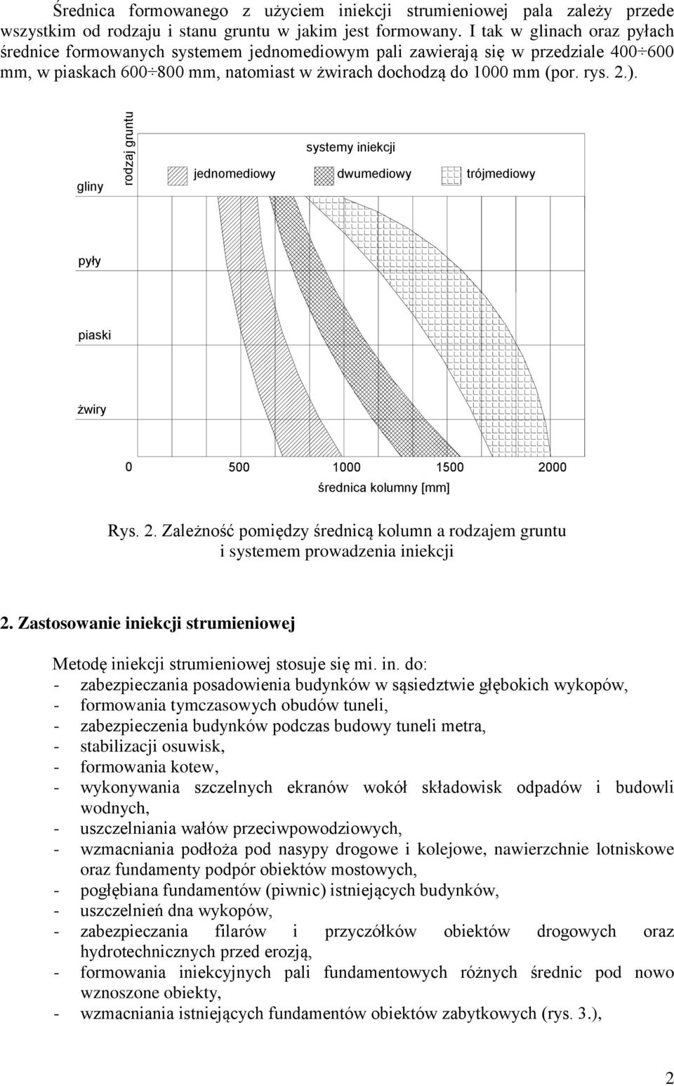 gliny rodzaj gruntu systemy iniekcji jednomediowy dwumediowy trójmediowy pyły piaski żwiry 0 500 1000 1500 2000 średnica kolumny [mm] Rys. 2. Zależność pomiędzy średnicą kolumn a rodzajem gruntu i systemem prowadzenia iniekcji 2.