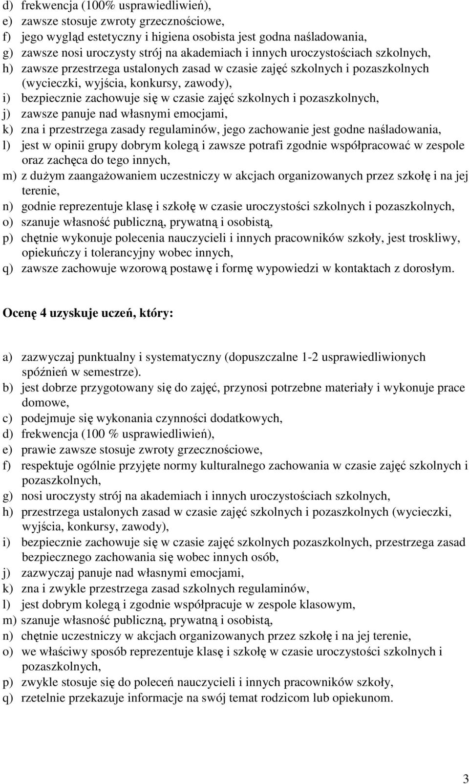 panuje nad własnymi emocjami, k) zna i przestrzega zasady regulaminów, jego zachowanie jest godne naśladowania, l) jest w opinii grupy dobrym kolegą i zawsze potrafi zgodnie współpracować w zespole