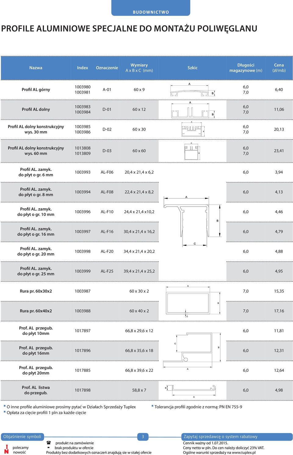 60 mm 1013808 1013809 D-03 60 x 60 6,0 7,0 23,41 Profil AL. zamyk. do płyt o gr. 6 mm 1003993 AL-F06 20,4 x 21,4 x 6,2 6,0 3,94 Profil AL. zamyk. do płyt o gr. 8 mm 1003994 AL-F08 22,4 x 21,4 x 8,2 6,0 4,13 Profil AL.