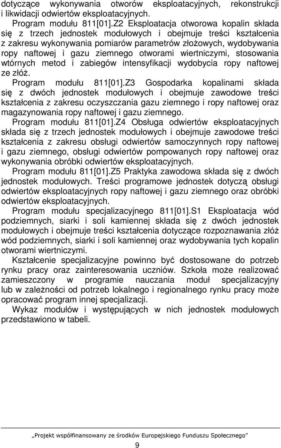 otworami wiertniczymi, stosowania wtórnych metod i zabiegów intensyfikacji wydobycia ropy naftowej ze złóŝ. Program modułu 811[01].