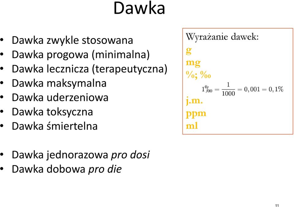 Dawka toksyczna Dawka śmiertelna Wyrażanie dawek: g mg %; j.