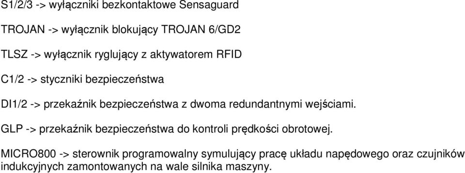 redundantnymi wejściami. GLP -> przekaźnik bezpieczeństwa do kontroli prędkości obrotowej.