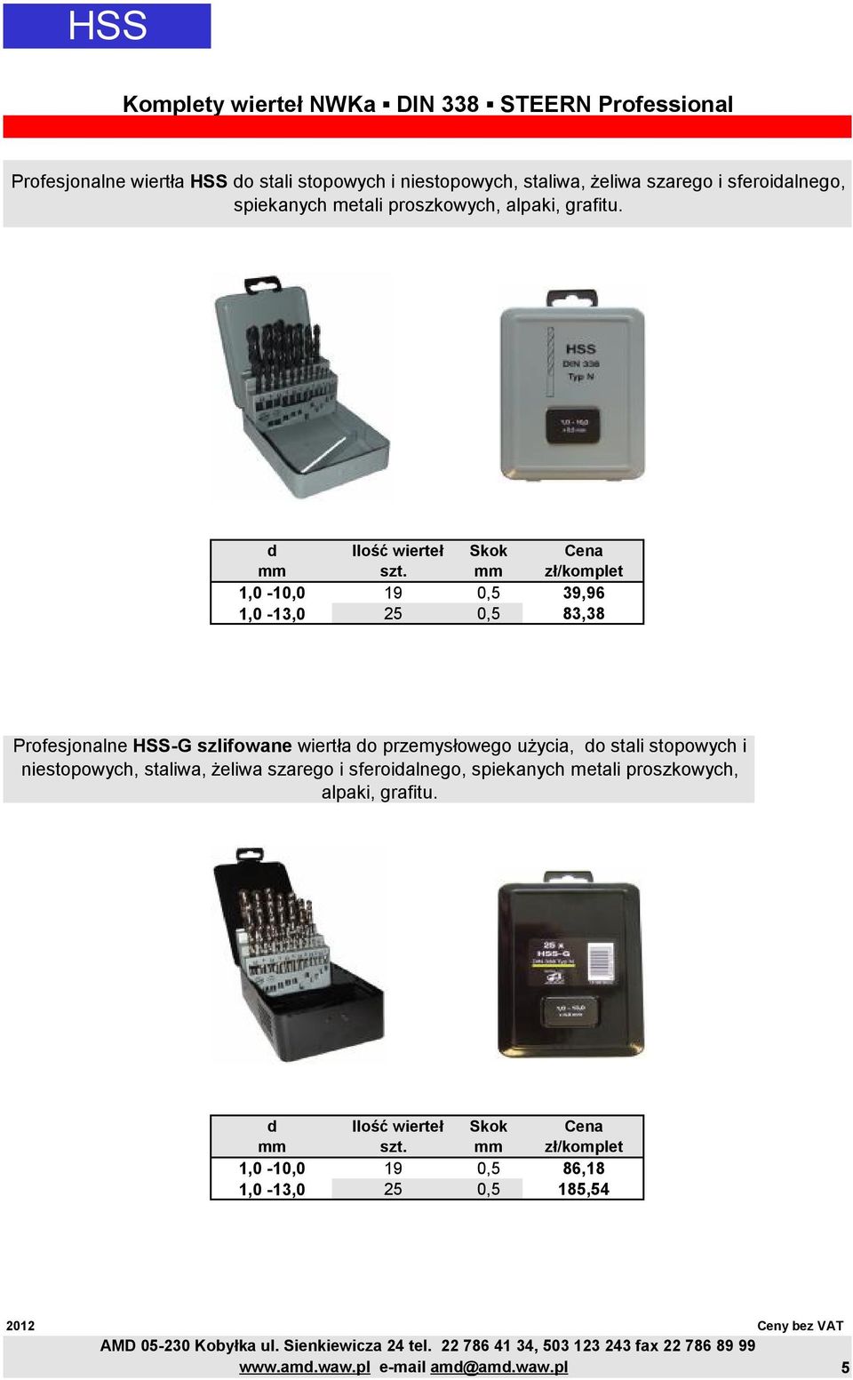 mm zł/komplet 1,0-10,0 19 0,5 39,96 1,0-13,0 25 0,5 83,38 Profesjonalne HSS-G szlifowane wiertła do przemysłowego użycia, do stali stopowych i