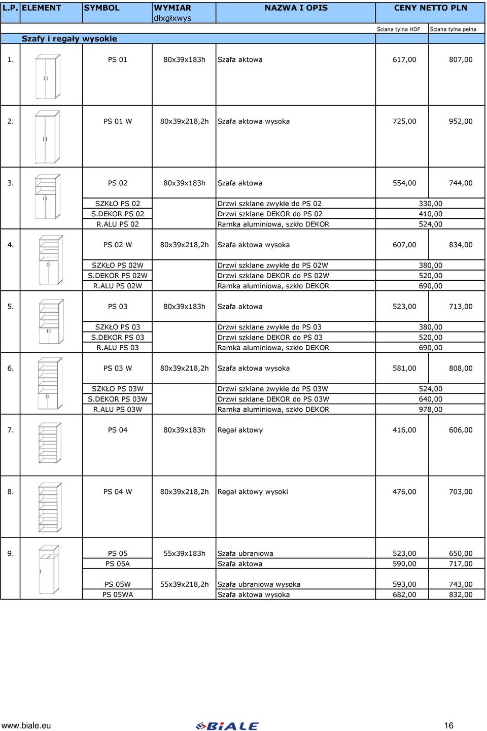 ALU PS 02 Ramka aluminiowa, szkło DEKOR 330,00 410,00 524,00 4. PS 02 W 80x39x218,2h Szafa aktowa wysoka 607,00 834,00 SZKŁO PS 02W S.DEKOR PS 02W R.