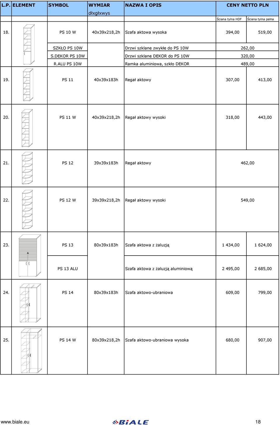 PS 11 W 40x39x218,2h Regał aktowy wysoki 318,00 443,00 21. PS 12 39x39x183h Regał aktowy 462,00 22. PS 12 W 39x39x218,2h Regał aktowy wysoki 549,00 23.