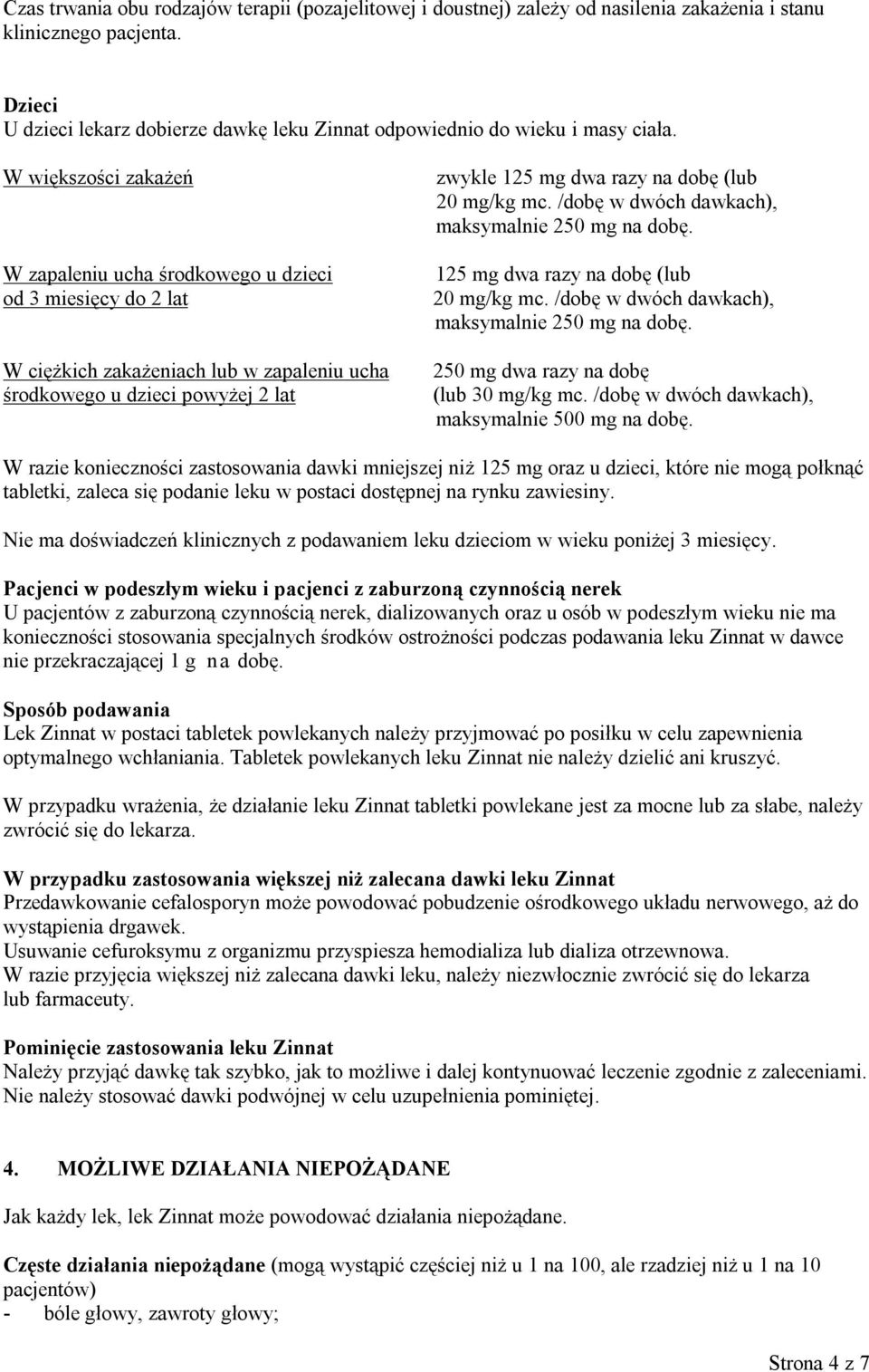 W większości zakażeń W zapaleniu ucha środkowego u dzieci od 3 miesięcy do 2 lat W ciężkich zakażeniach lub w zapaleniu ucha środkowego u dzieci powyżej 2 lat zwykle 125 mg dwa razy na dobę (lub 20