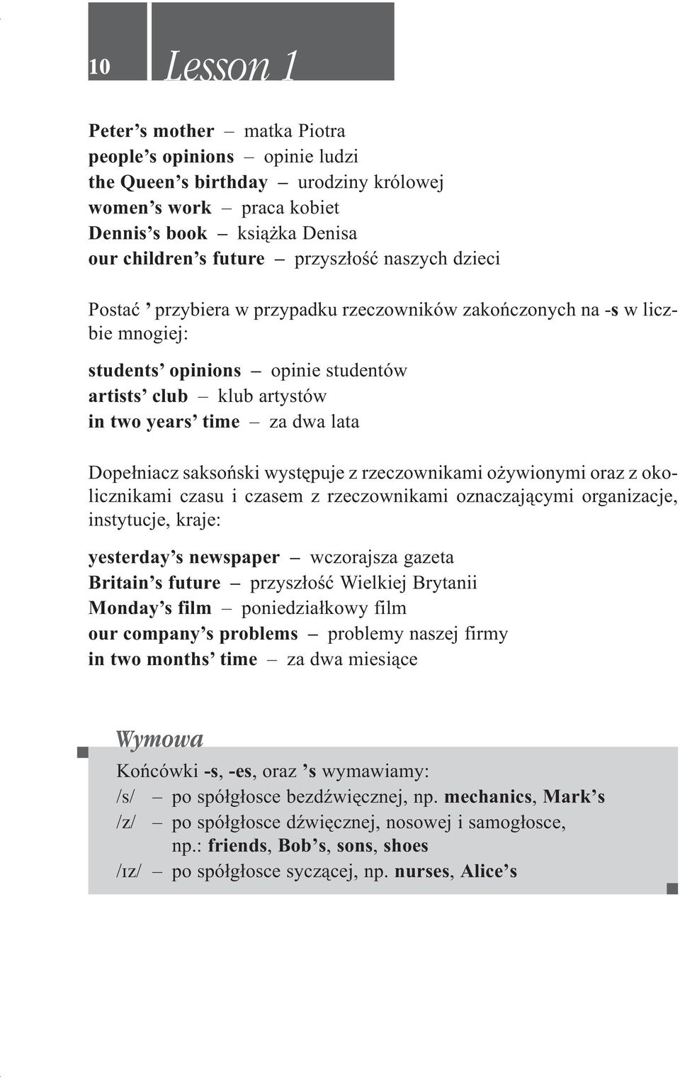 saksoñski wystêpuje z rzeczownikami o ywionymi oraz z okolicznikami czasu i czasem z rzeczownikami oznaczaj¹cymi organizacje, instytucje, kraje: yesterday s newspaper wczorajsza gazeta Britain s