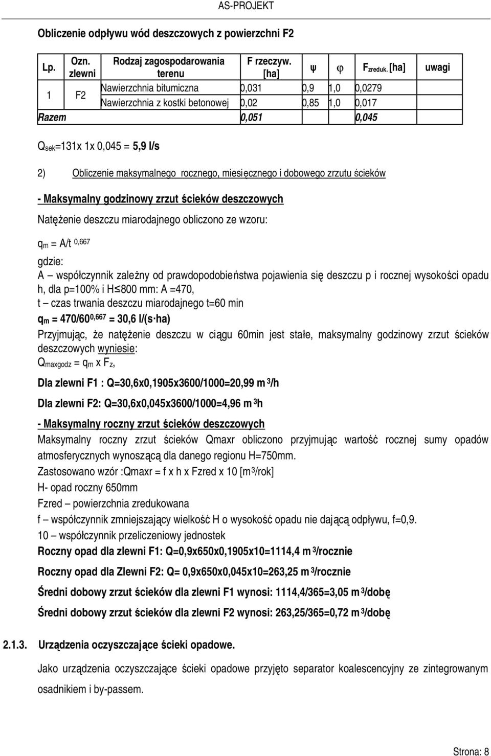 miesięcznego i dobowego zrzutu ścieków - Maksymalny godzinowy zrzut ścieków deszczowych Natężenie deszczu miarodajnego obliczono ze wzoru: qm = A/t 0,667 gdzie: A współczynnik zależny od