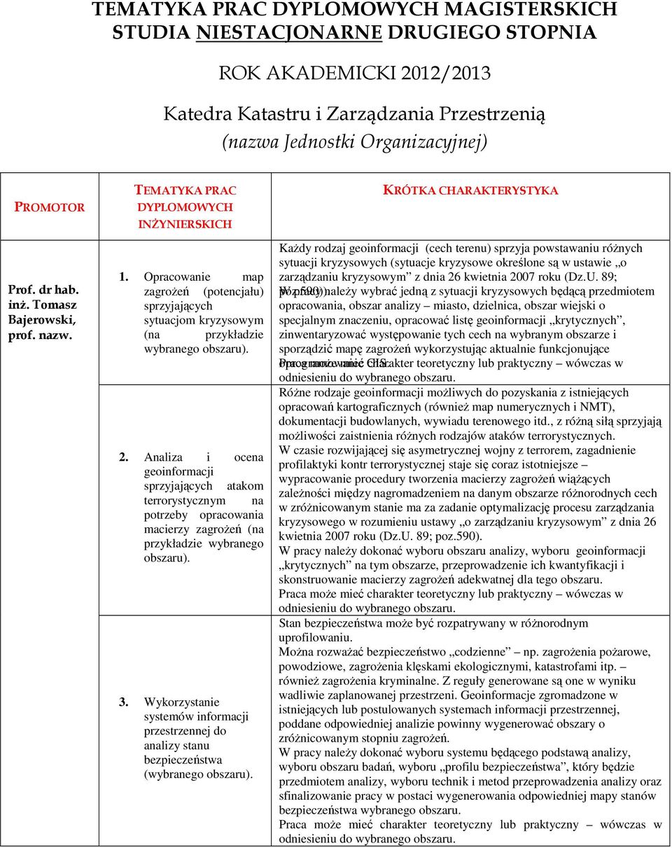 Analiza i ocena geoinformacji sprzyjających atakom terrorystycznym na potrzeby opracowania macierzy zagrożeń (na przykładzie wybranego obszaru). 3.