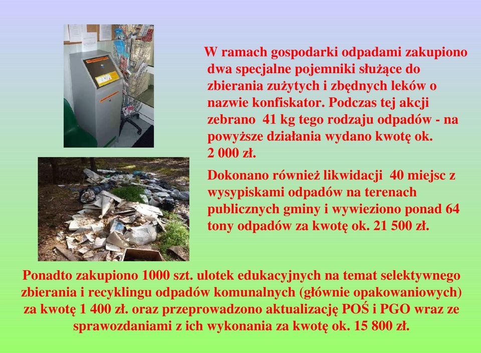 Dokonano również likwidacji 40 miejsc z wysypiskami odpadów na terenach publicznych gminy i wywieziono ponad 64 tony odpadów za kwotę ok. 21 500 zł.