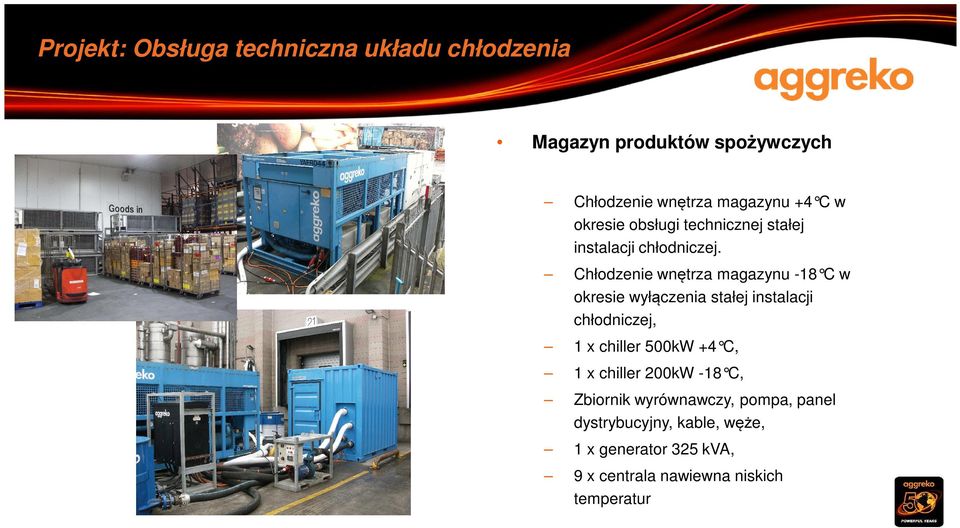 Chłodzenie wnętrza magazynu -18 C w okresie wyłączenia stałej instalacji chłodniczej, 1 x chiller 500kW +4