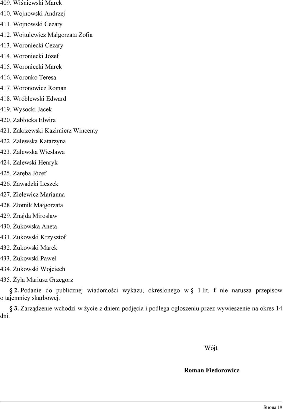 Zaręba Józef 426. Zawadzki Leszek 427. Zielewicz Marianna 428. Złotnik Małgorzata 429. Znajda Mirosław 430. Żukowska Aneta 431. Żukowski Krzysztof 432. Żukowski Marek 433. Żukowski Paweł 434.