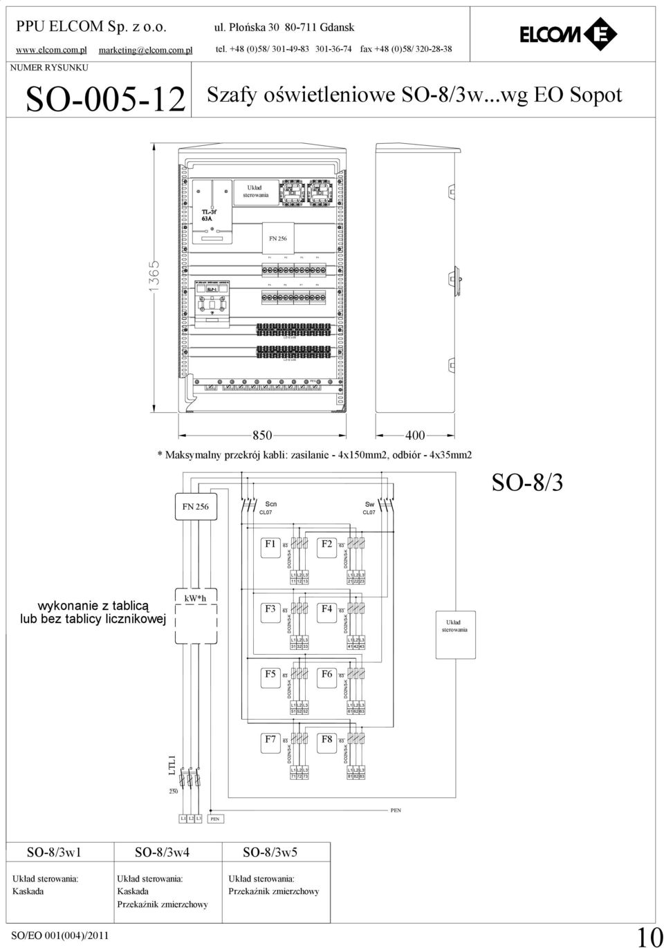 ..wg EO Sopot Układ sterowania FN 256 F1 F2 F3 F4 F5 F6 F7 F8 LZ 12 x 35 LZ 12 x 35 PEN 850 400 * Maksymalny przekrój kabli: zasilanie - 4x150mm2, odbiór - 4x35mm2 FN 256 Scn CL07 Sw CL07 SO-8/3 F1