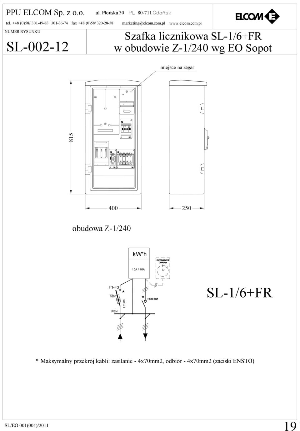 com.pl www.elcom.com.pl NUMER RYSUNKU SL-002-12 Szafka licznikowa SL-1/6+FR w obudowie Z-1/240 wg EO