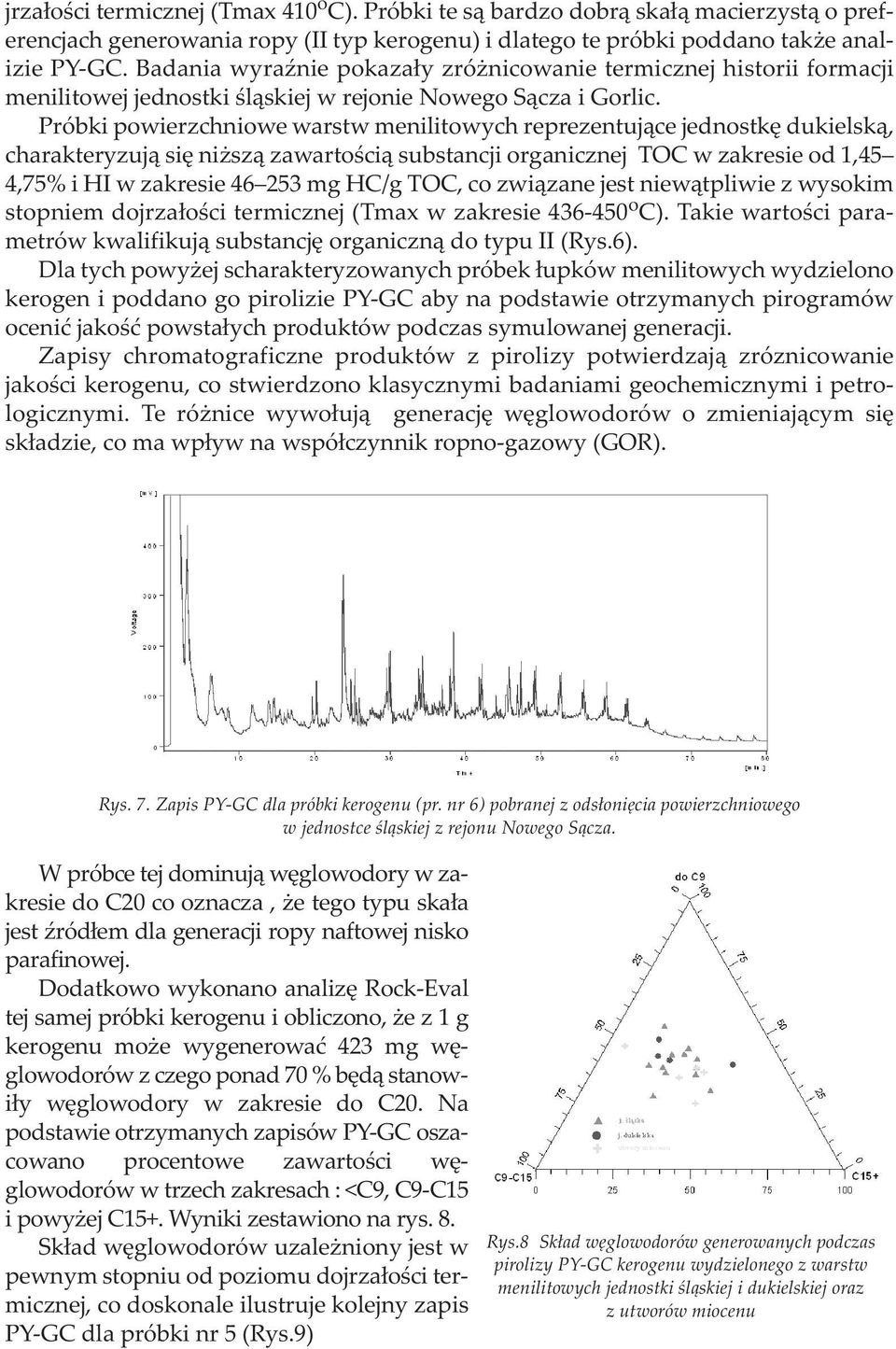 Próbki powierzchniowe warstw menilitowych reprezentujące jednostkę dukielską, charakteryzują się niższą zawartością substancji organicznej TOC w zakresie od 1,45 4,75% i HI w zakresie 46 253 mg HC/g