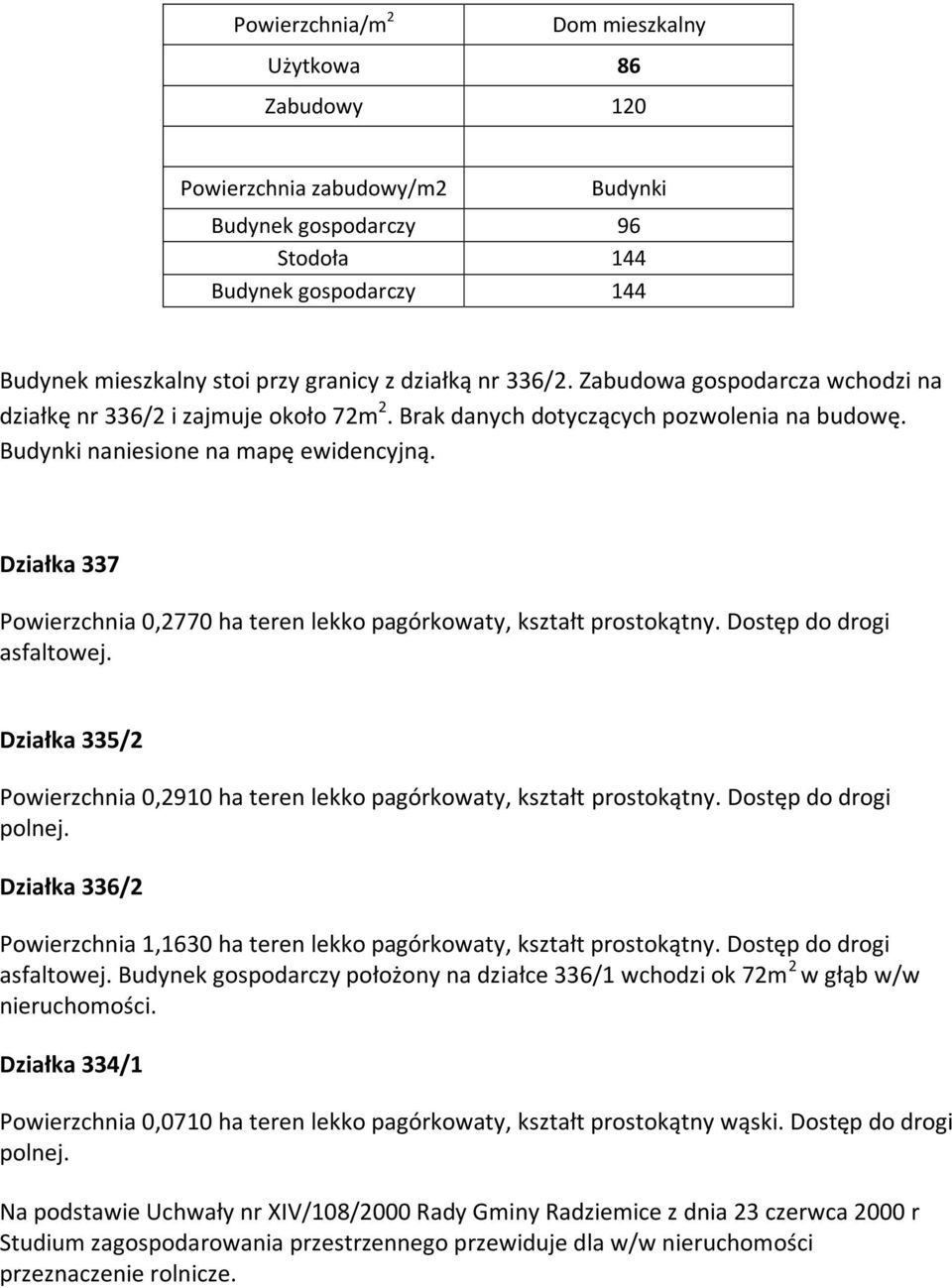 Działka 337 Powierzchnia 0,2770 ha teren lekko pagórkowaty, kształt prostokątny. Dostęp do drogi asfaltowej. Działka 335/2 Powierzchnia 0,2910 ha teren lekko pagórkowaty, kształt prostokątny.