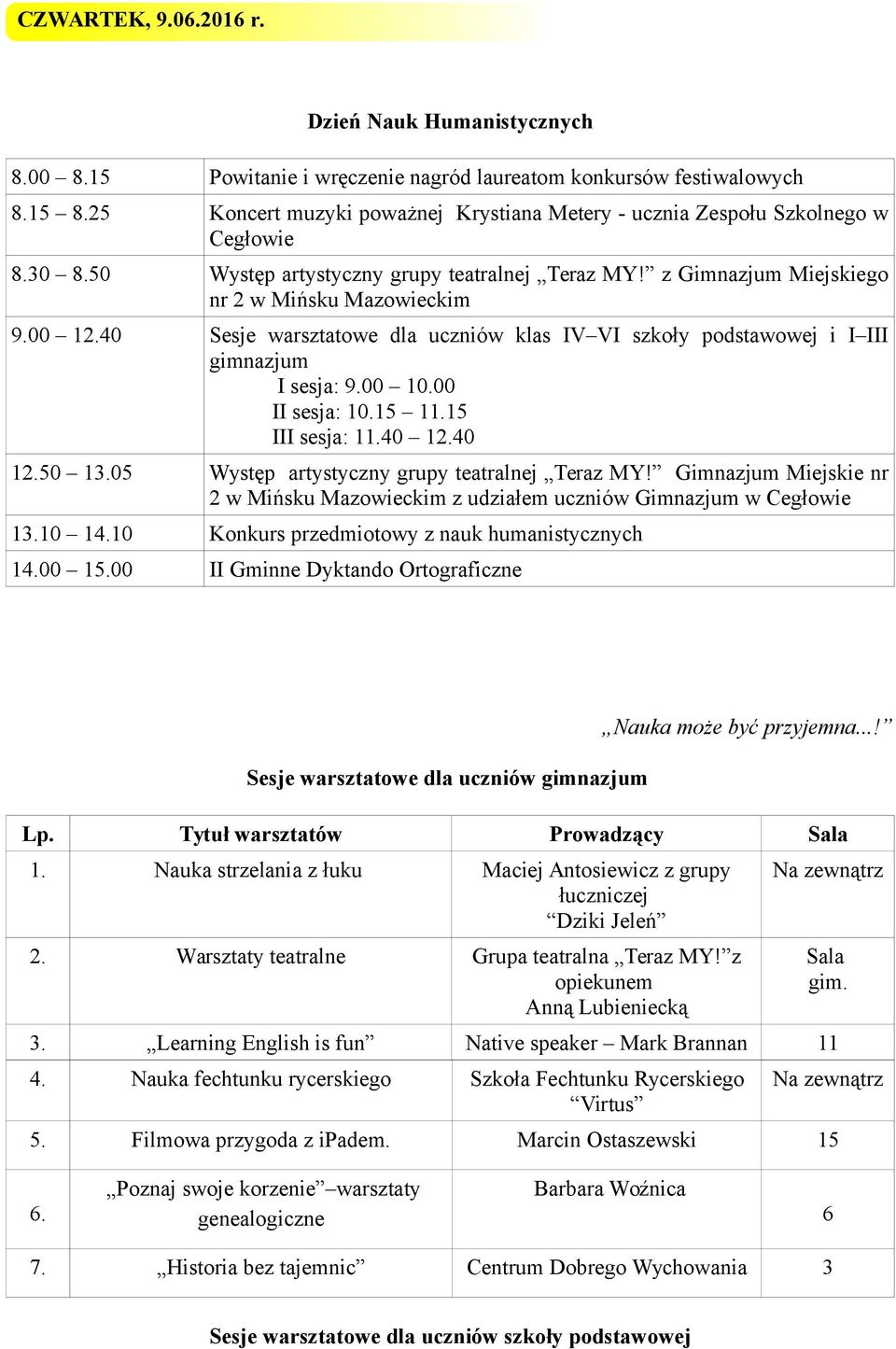 00 140 Sesje warsztatowe dla uczniów klas IV VI szkoły podstawowej i I III gimnazjum I sesja: 9.00 10.00 II sesja: 10.15 115 III sesja: 140 140 150 105 Występ artystyczny grupy teatralnej Teraz MY!