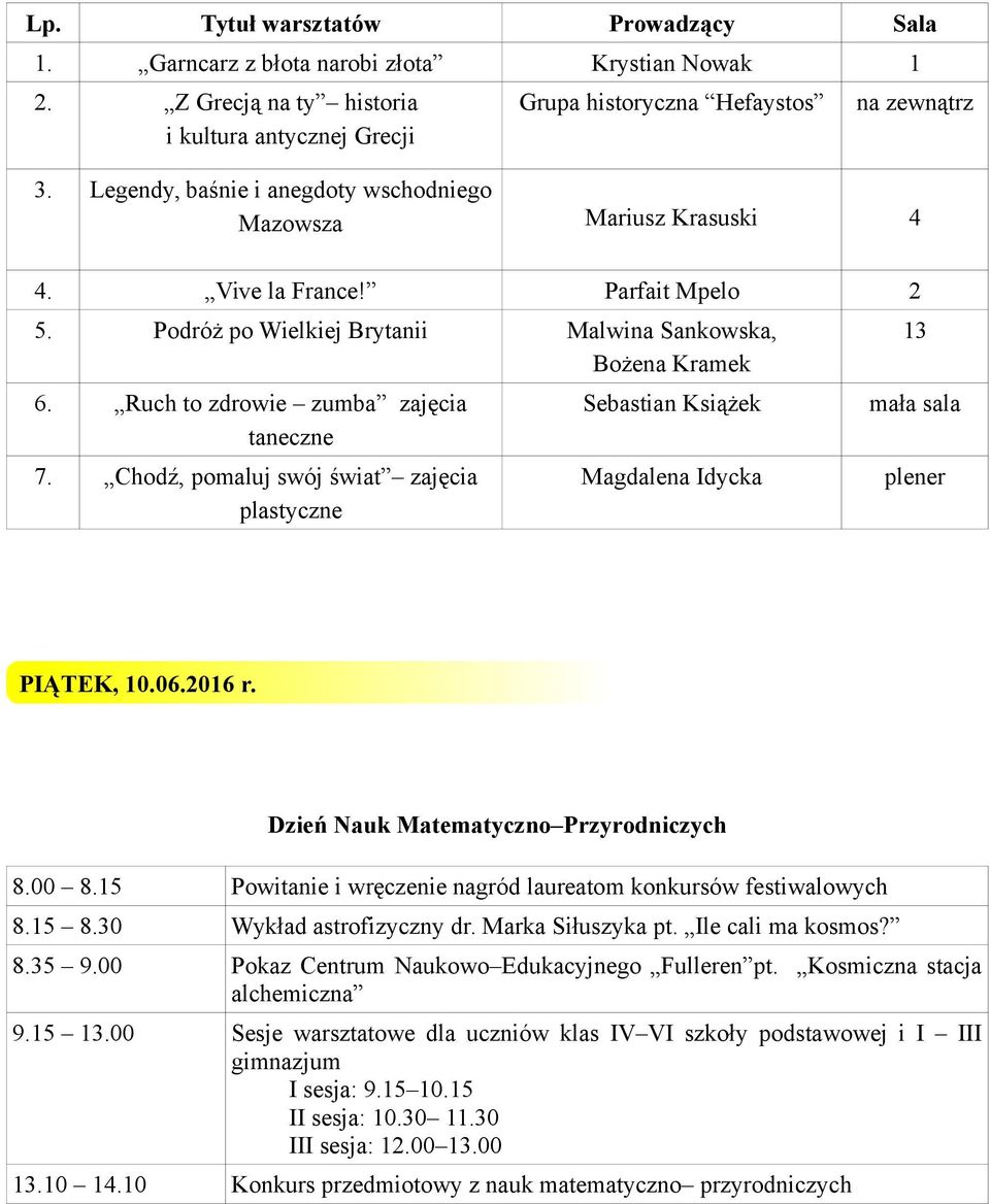 Parfait Mpelo 2 Podróż po Wielkiej Brytanii Malwina Sankowska, Bożena Kramek 13 Ruch to zdrowie zumba zajęcia taneczne Sebastian Książek mała sala Chodź, pomaluj swój świat zajęcia plastyczne