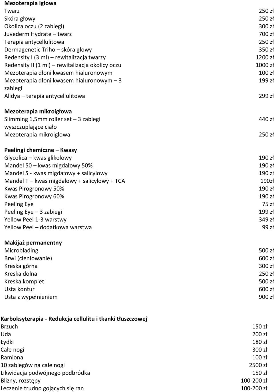 zabiegi wyszczuplające ciało Mezoterapia mikroigłowa Peelingi chemiczne Kwasy Glycolica kwas glikolowy Mandel 50 kwas migdałowy 50% Mandel S - kwas migdałowy + salicylowy Mandel T kwas migdałowy +