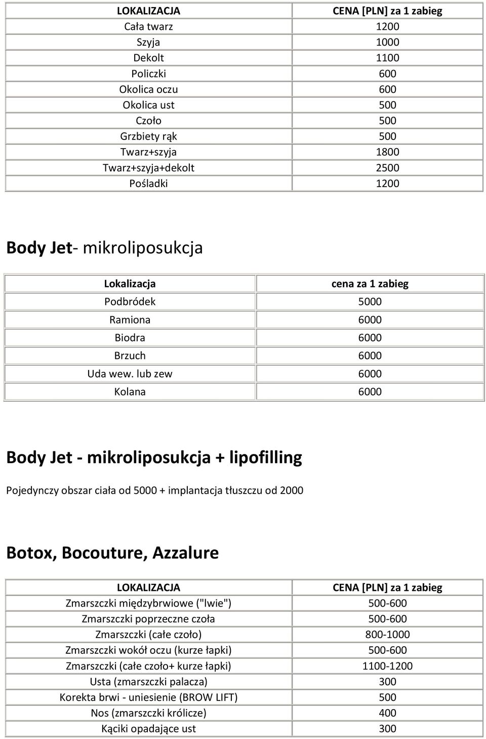 lub zew 6000 Kolana 6000 Body Jet - mikroliposukcja + lipofilling Pojedynczy obszar ciała od 5000 + implantacja tłuszczu od 2000 Botox, Bocouture, Azzalure Zmarszczki międzybrwiowe ("lwie")