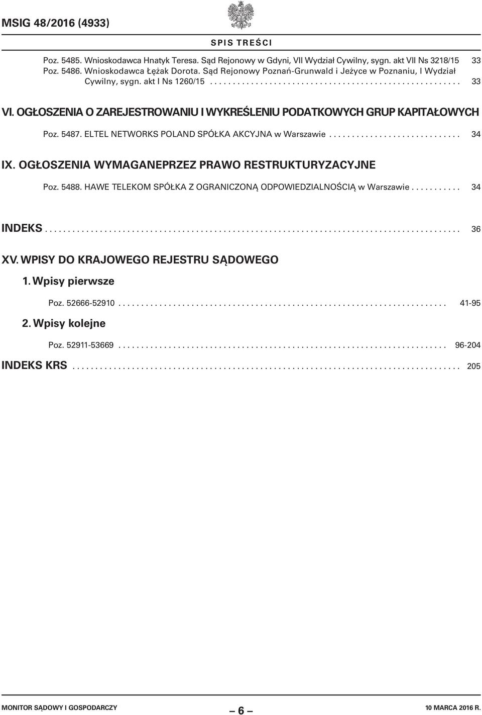 OGŁOSZENIA O ZAREJESTROWANIU I WYKREŚLENIU PODATKOWYCH GRUP KAPITAŁOWYCH Poz. 5487. ELTEL NETWORKS POLAND SPÓŁKA AKCYJNA w Warszawie............................. 34 IX.