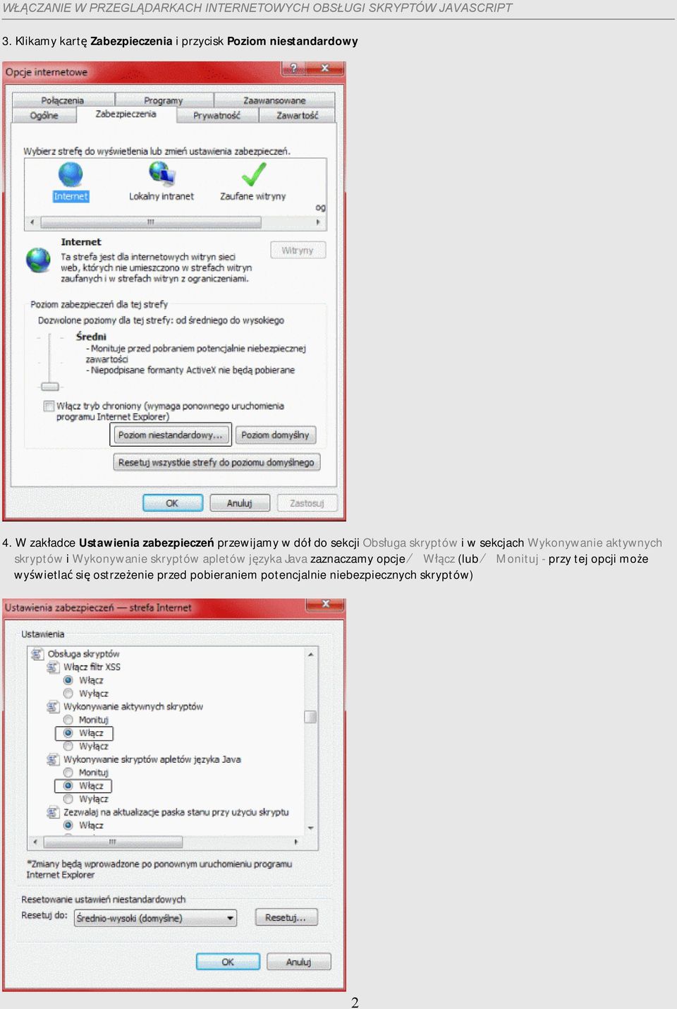 Wykonywanie aktywnych skryptów i Wykonywanie skryptów apletów języka Java zaznaczamy opcje