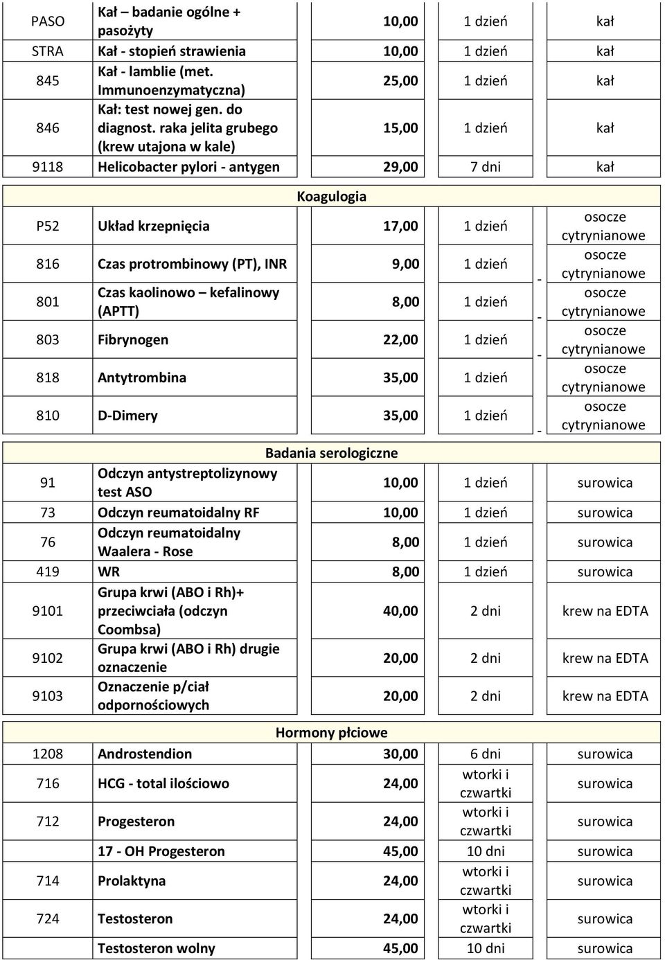 dzień 801 Czas kaolinowo kefalinowy (APTT) 8,00 1 dzień 803 Fibrynogen 22,00 1 dzień 818 Antytrombina 35,00 1 dzień 810 D-Dimery 35,00 1 dzień Badania serologiczne 91 Odczyn antystreptolizynowy test