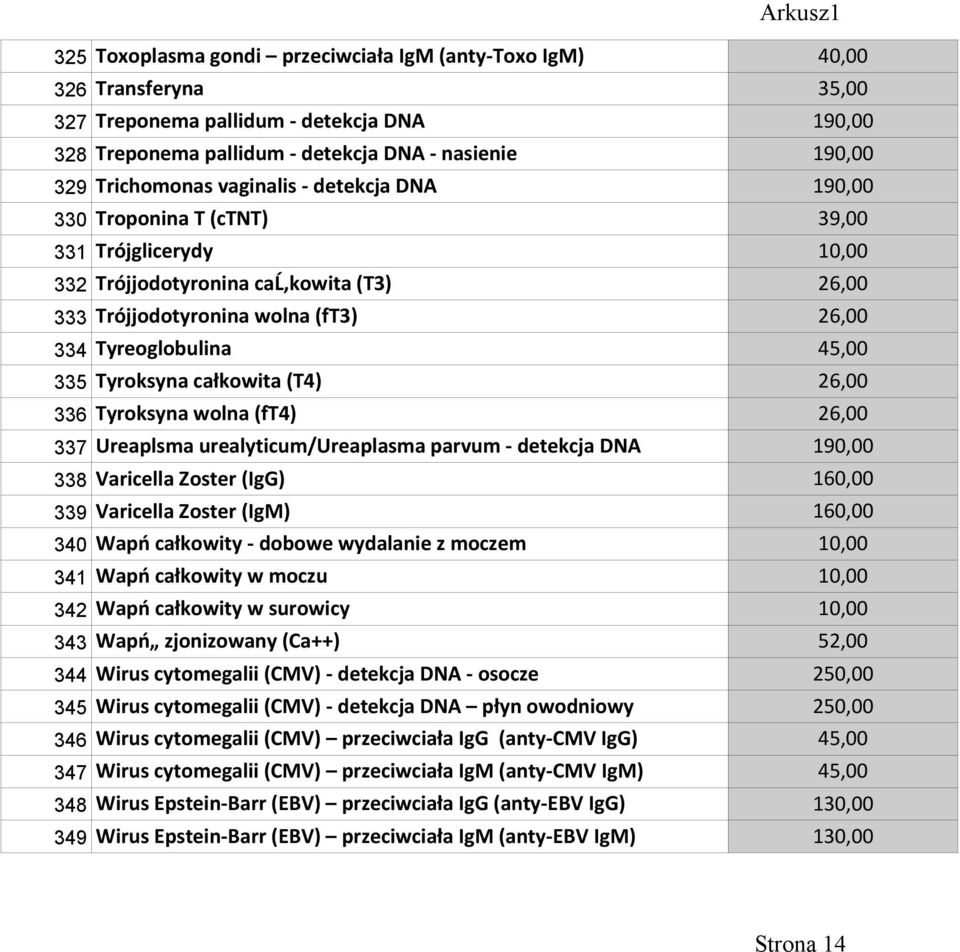 (T4) 26,00 336 Tyroksyna wolna (ft4) 26,00 337 Ureaplsma urealyticum/ureaplasma parvum - detekcja DNA 338 Varicella Zoster (IgG) 160,00 339 Varicella Zoster (IgM) 160,00 340 Wapń całkowity - dobowe