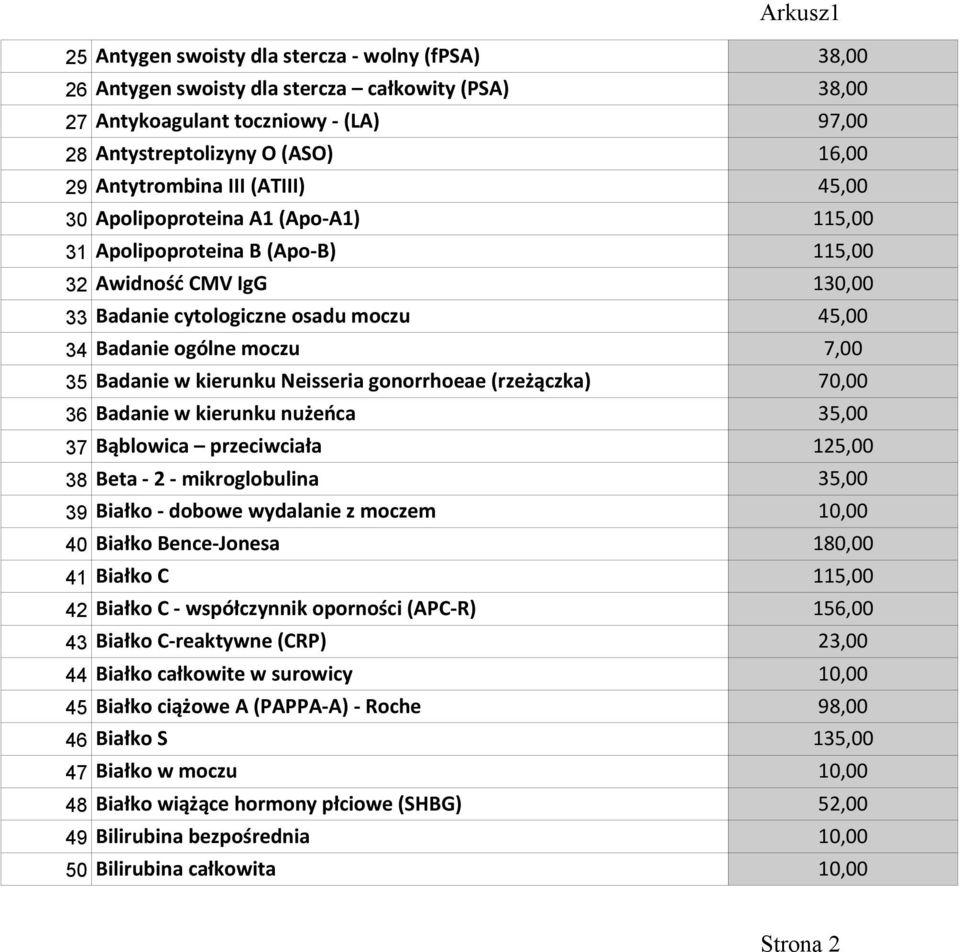 kierunku Neisseria gonorrhoeae (rzeżączka) 70,00 36 Badanie w kierunku nużeńca 35,00 37 Bąblowica przeciwciała 125,00 38 Beta - 2 - mikroglobulina 35,00 39 Białko - dobowe wydalanie z moczem 10,00 40